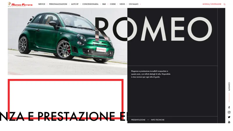 Sito web desktop romeoferraris, ala romeo color verde scuro, eleganza e stile futuristico